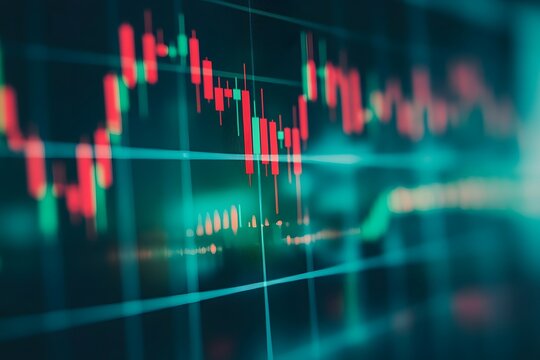 Red and green candlestick chart with trading volume bars on financial dashboard.
