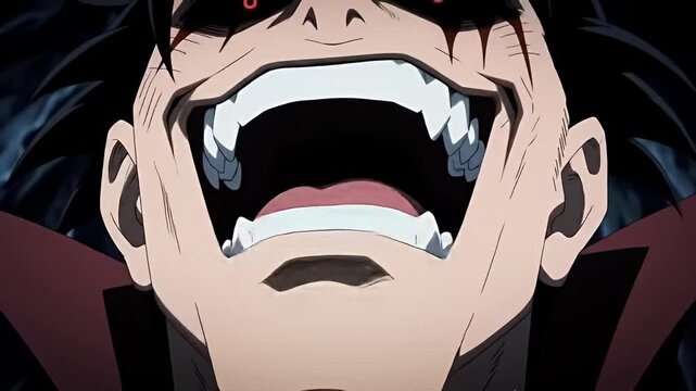 Anime style, face up view of a man's open mouth, dark hair, and intense expression