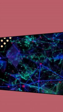 Animation of triangles and pink frame over connections on black background