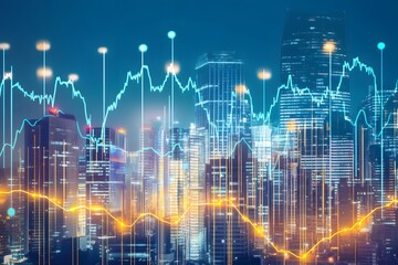 Abstract city skyline blends with rising stock market graph, representing dynamic urban economic growth.