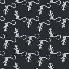 Seamless pattern with a curved lizard. Pencil illustration on a black background for packaging design, printing on posters, fabric, interior design for Halloween.