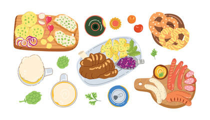 German beer and food festival with traditional cuisine isolated on simple background. Sausages, mustard, sauerkraut, bretzel. Hand drawn trendy flat vector illustrations for bar menu, beer festival.