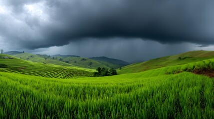 Obraz premium Monsoon clouds bursting over terraced rice fields lush green nature rain impact on landscape dramatic thunderstorm lighting panoramic human eye view white background