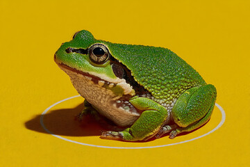 Naklejka premium Green frog on yellow background closeup wildlife photography