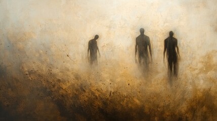 Abstract figures in blurred landscape, evokes mystery and transformation