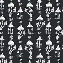 Seamless pattern with poisonous mushrooms and moths. Pencil illustration on a black background for packaging design, printing on posters, fabric, interior design for Halloween.