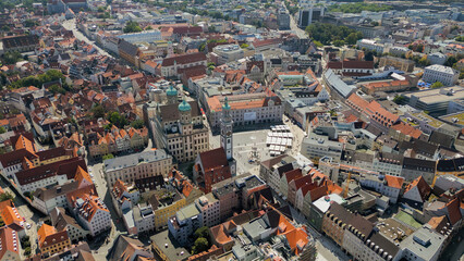 Aerial view of the old town and market place in the city Augsburg in Germany on an sunny day in spring