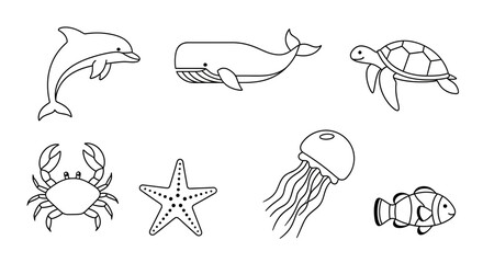 Vector ocean animals coloring page vector illustration featuring dolphin whale turtle crab starfish jellyfish clownfish © Guilherme