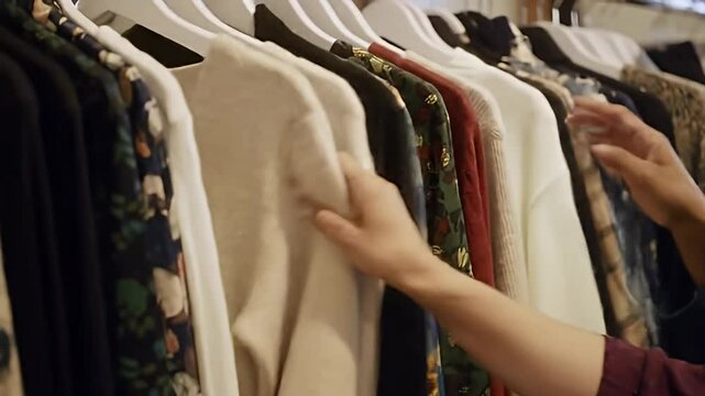 A hand sorting through clothes hanging on a rack with white hangers, various colors