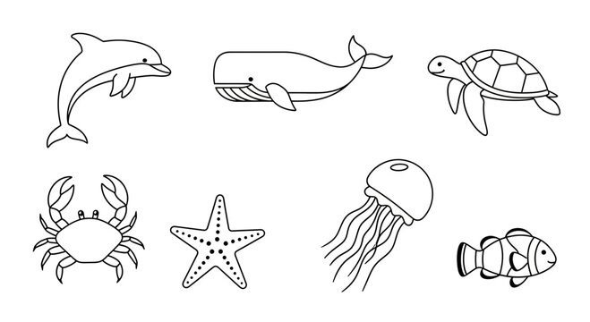 Vector ocean animals coloring page vector illustration featuring dolphin whale turtle crab starfish jellyfish clownfish