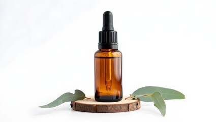 Essential oil bottle with dropper on wood slice and eucalyptus leaves for aromatherapy