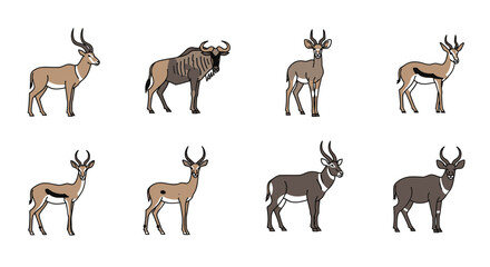 Vector illustration of african antelope species including gazelle impala waterbuck and wildebeest for wildlife guide