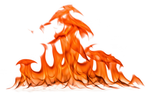 Fiery orange and red flames rise and dance, isolated on transparent background, creating an intense and dynamic image