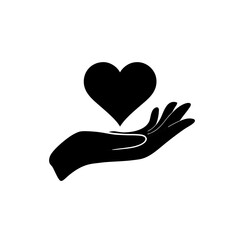 Vector icon of a hand holding a heart isolated on transparent background.  Silhouette of a hand holding a heart.  Symbol of love, care, charity, donation and volunteering