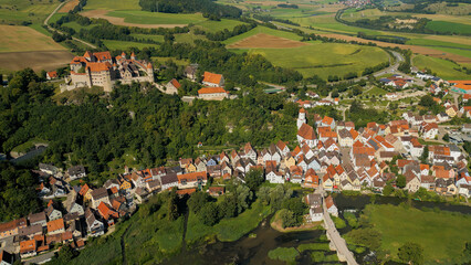 Aerial view of the old town of the city Harburg Bavaria in Germany on a sunny spring noon