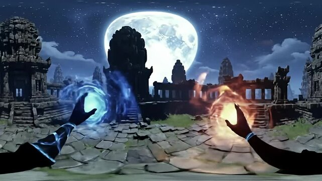 360? view shows hands holding magic in temple ruins under the full moon at night