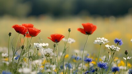 Obraz premium Vibrant Red Poppies and Wildflowers in Summer Meadow