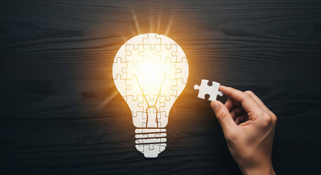 A hand places the last piece into a glowing light bulb jigsaw puzzle. A conceptual image for innovation, creativity, problem-solving, and finding the final solution or great idea