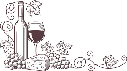 Elegant wine bottle glass grapes cheese vine illustration vector