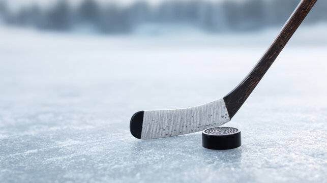 Close-up of a hockey stick and puck on textured ice with blurred skates around during a cold match