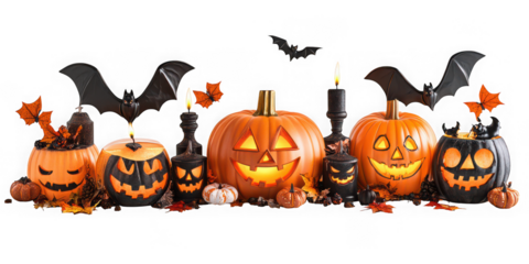 Halloween Pumpkins and Bats: Festive Holiday Decorations isolated on white png transparent background	