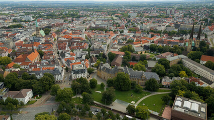 Aerial view of the old town of the city Bielefeld in Germany on a sunny spring morning	