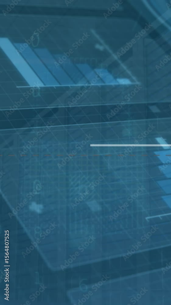 Poster animation of numbers changing and data processing over glowing light over grid on purple background