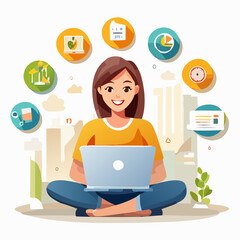 Smiling woman working on a laptop surrounded by icons representing various tasks