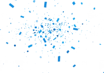 An explosion of blue confetti bursts across a white background isolated on transparent background