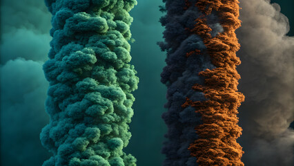 Two vibrant columns of swirling smoke, one teal and one burnt orange, rise against a dark background