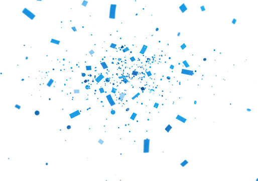 An explosion of blue confetti bursts across a white background isolated on transparent background