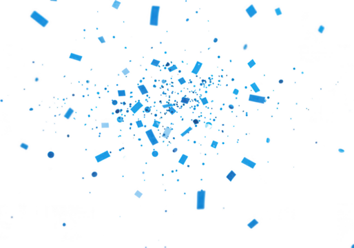 An explosion of blue confetti bursts across a white background isolated on transparent background