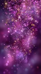 Colorful abstract design featuring swirling purple and golden bokeh effects with sparkles and light on a blurred background