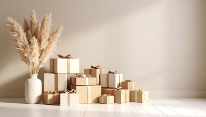 Neutral-toned Gift Boxes and Pampas Grass A Minimalist Holiday Scene