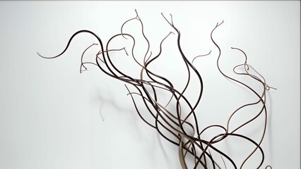 Abstract arrangement of curled brown branches against a stark white backdrop create natural beauty.