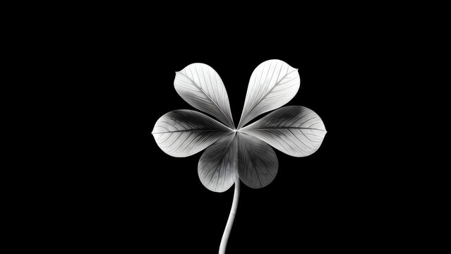 Monochrome five-leaf clover radiates an optimistic, hopeful sentiment on a stark black background.
