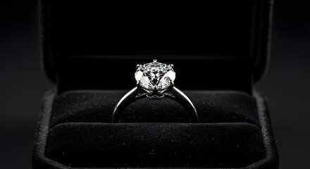 Close up of elegant diamond engagement ring in black velvet jewelry box with dark background luxury and romance concept