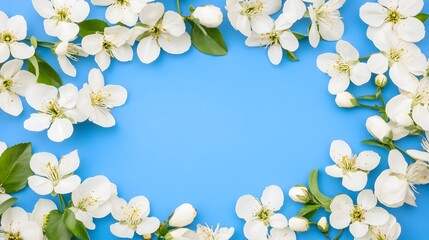 Beautiful White Blossoms Spring Flower Frame Blue Background