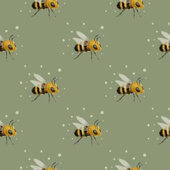 Watercolor Bees Seamless Pattern on Green Background
