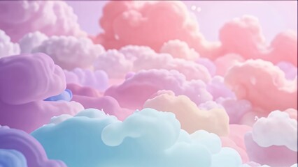A surreal dreamscape filled with soft, pastel-colored clouds evokes a sense of childlike wonder.