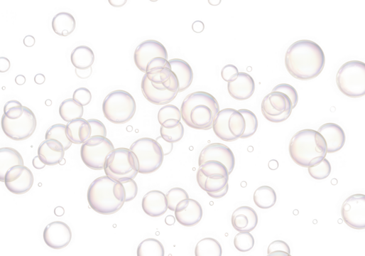 Many transparent bubbles float against a white background, creating a light and airy effect, isolated on transparent background
