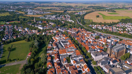 Aerial view of the old town of the city Friedberg 61169 in Germany on a sunny spring morning
