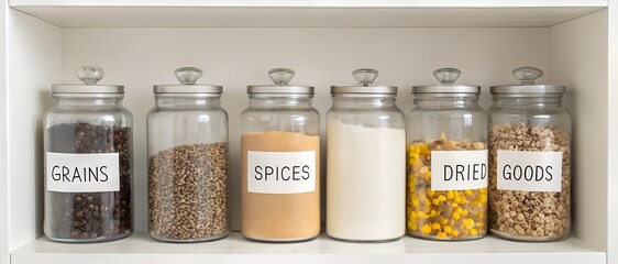 Organized pantry shelf with labeled glass jars containing grains, spices, flour, and dried goods. Minimalist food storage in clear containers for clean kitchen organization and bulk storage.