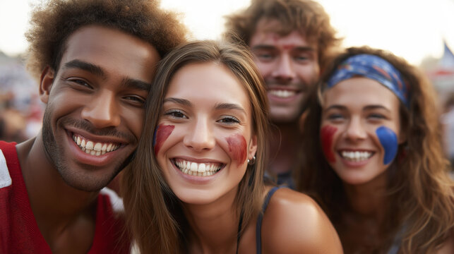 Diverse sports fans celebrate with red, white, and blue face paint before an exciting match at a tailgate party