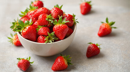 fresh strawberries in a bowl, photo of a rustic ceramic bowl brimming with fresh, ripe strawberries, placed on a textured gray surface. Several strawberries are scattered casually around the bowl, emp