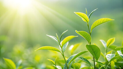 Lush Green Tea Leaves Bathed in Warm Sunlight A Serene Depiction of Nature's Beauty and Tranquility