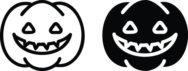 Halloween Pumpkin Face Icon Set – Black and White Jack-o'-Lantern Vector Illustration