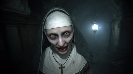 A screenshot of a horror video game. A zombie nun as a computer game character. Evil. Haunt