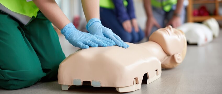 People performing cardiopulmonary resuscitation (CPR) training on an AED (Automated External Defibrillator) mannequin doll. A first aid class is being held in an office