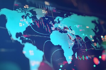 Global map overlaid with market indices, illustrating interconnected international financial markets and trends.